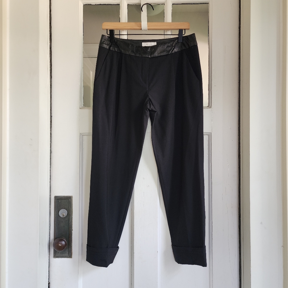 Milly Wool Cuffed Lamb Leather Trimmed Trouser Pants